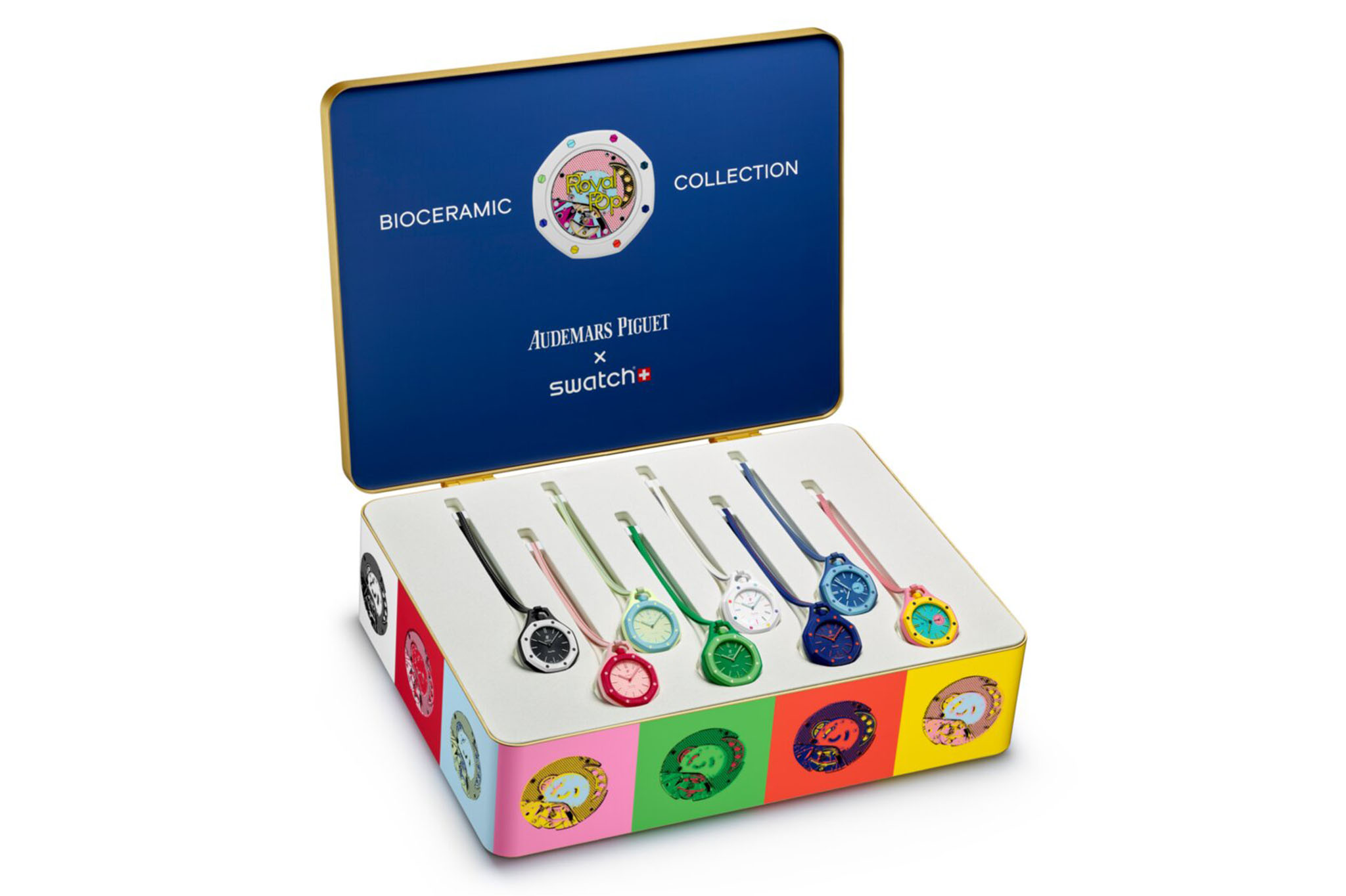 Alle acht Royal Pop Taschenuhren von Swatch und Audemars Piguet in der Box