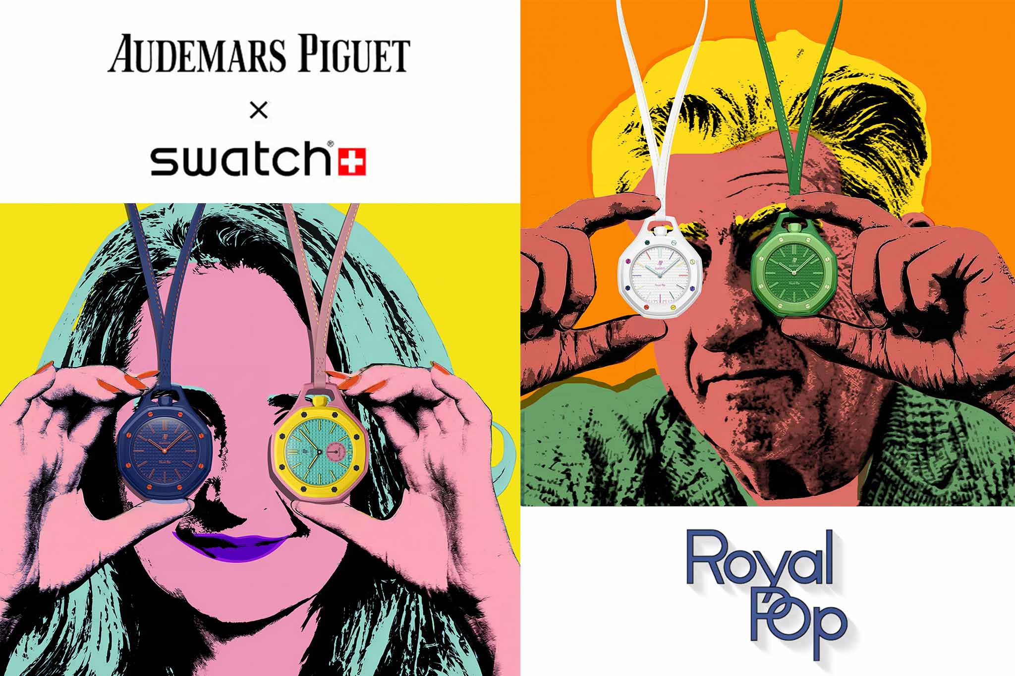 Royal Pop Taschenuhr von Swatch und Audemars Piguet, Kollage mit Ilaria Resta und Nick Hayek