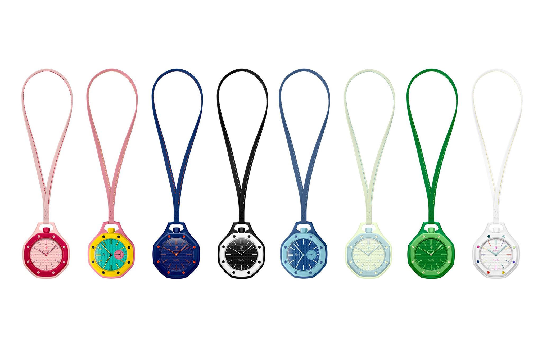Alle Royal Pop Taschenuhren von Swatch und Audemars Piguet frontal nebeneinander am Lanyard