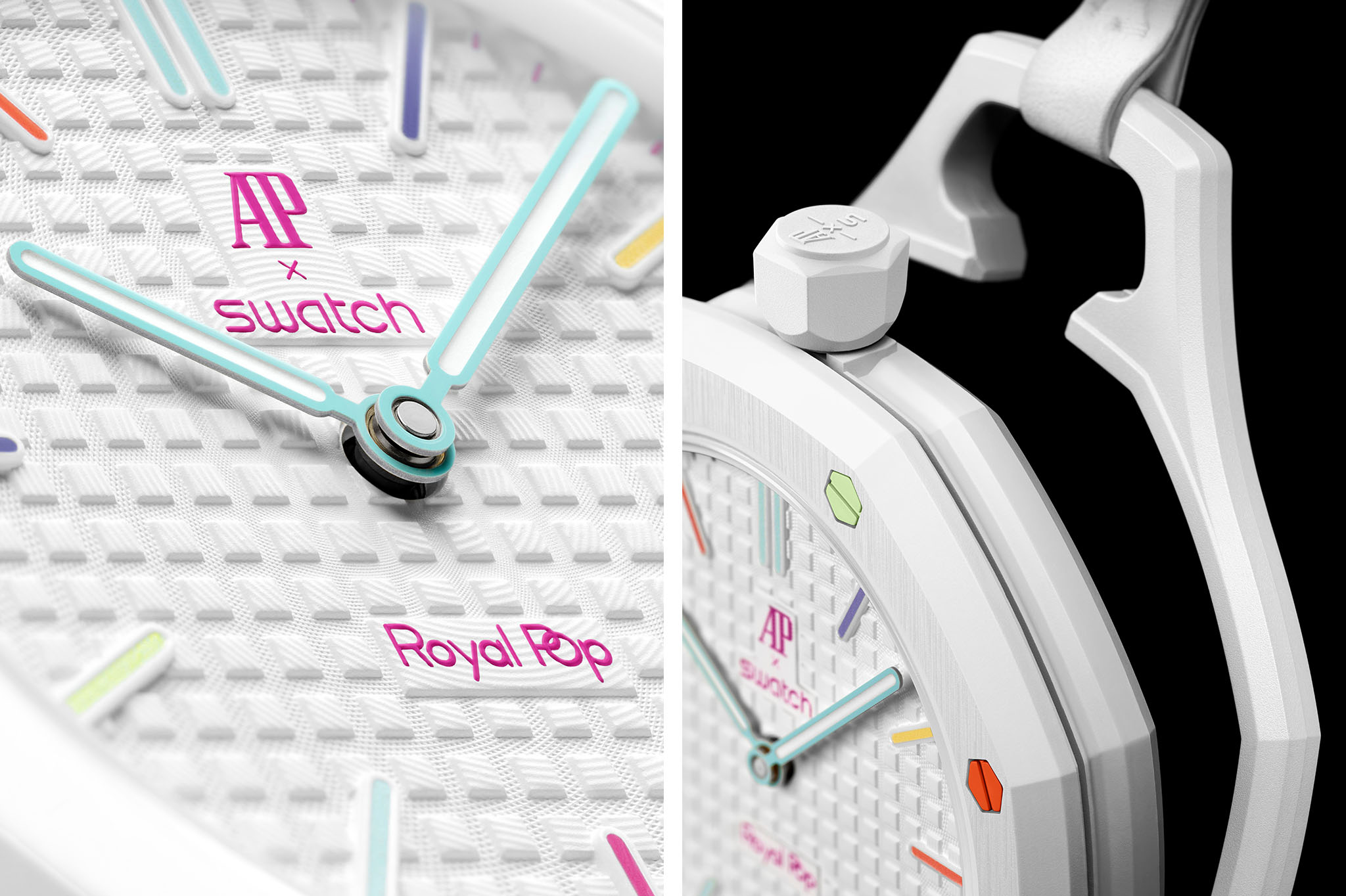 Close-up des Royal Pop Zifferblatts mit Grande-Tapisserie-Muster und achteckiger Lünette